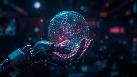 Robotic hand holding glowing orb in high-tech environment