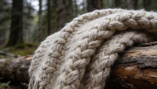 Draping chunky cable-knit wool blanket over mossy log in misty conifer forest, cozy texture