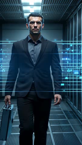 Walking executive carrying briefcase into server room with holographic data scan activating