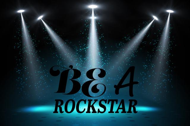 This image features a motivational message 'Be a Rockstar' illuminated by bright spotlights on a stage. Ideal for use in inspirational content, music-related promotions, concert advertisements, and motivational posters. The vibrant lighting and energetic atmosphere make it perfect for conveying themes of ambition, performance, and success.