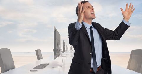 Businessman Expressing Frustration in Surreal Beach Office