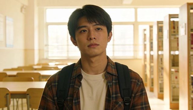 Asian student standing in sunlit classroom carrying backpack with thoughtful expression