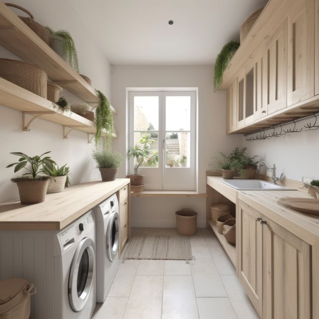 General view of utility room with wooden furniture, created using generative ai technology. Utility room, home decor and interiors concept digitally generated image.