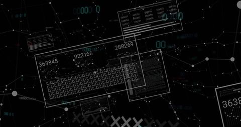 Translucent keyboard schematic with floating data HUD panels, numeric overlays and network grid