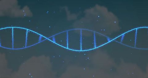 Glowing Neon DNA Helix Floating in Ethereal Night Sky with Electric Particle Sparks