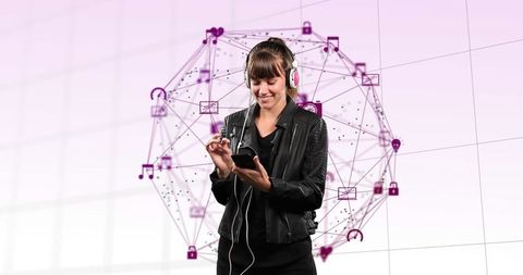 Young Woman Engaged with Smartphone and Digital Interface