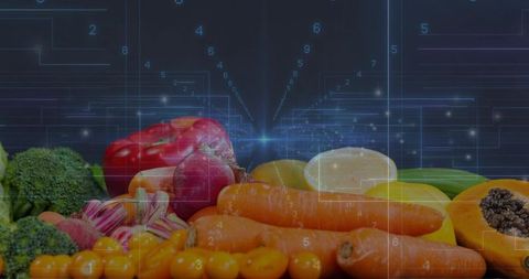 Fresh vegetables and fruit with digital HUD overlay for smart farming and food technology