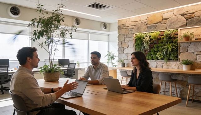 Team collaborating around table in biophilic office with living plant wall