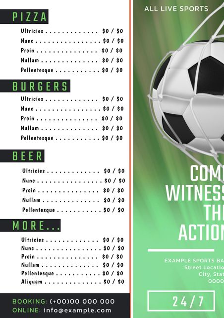 Use this vibrant soccer-themed template to advertise daily specials, events, and food and drink menus at a sports bar. The combination of a dynamic soccer graphic with clearly organized sections for pizza, burgers, beer, and more invokes a lively atmosphere perfect for attracting sports enthusiasts. Ideal for promoting game nights, live broadcasts, and special offers.