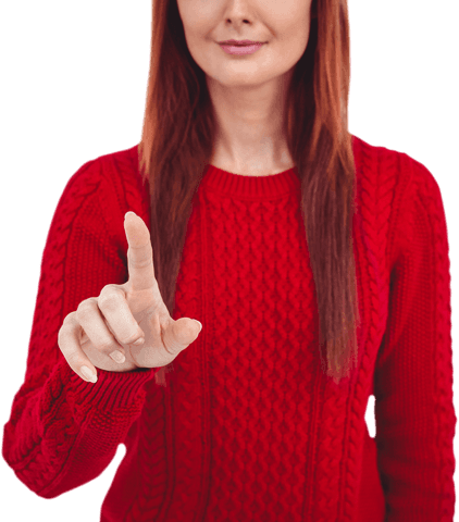 Woman in Red Sweater Pointing on Transparent Background