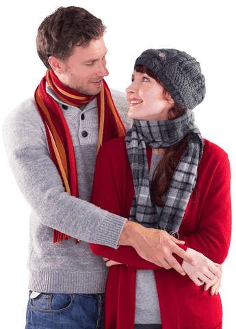 Transparent Smiling Couple in Winter Clothing Embracing