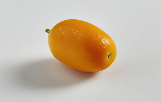 Image shows single ripe kumquat against white background. Perfect for use in health and nutrition blogs, recipe websites, food packaging designs, and dietary supplement ads focusing on fresh, organic, and nutritious foods.