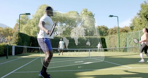 Playing doubles tennis on sunny court with holographic data overlay and world map analytics