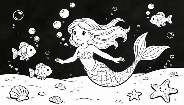 Swimming mermaid exploring sea floor with fish, shells and bubbles in black white lineart