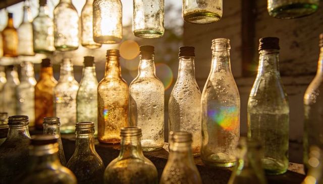 Sunlit Vintage Glass Bottles on Wood Sill Catching Rainbow Prism, Lensflare and Warm Bokeh