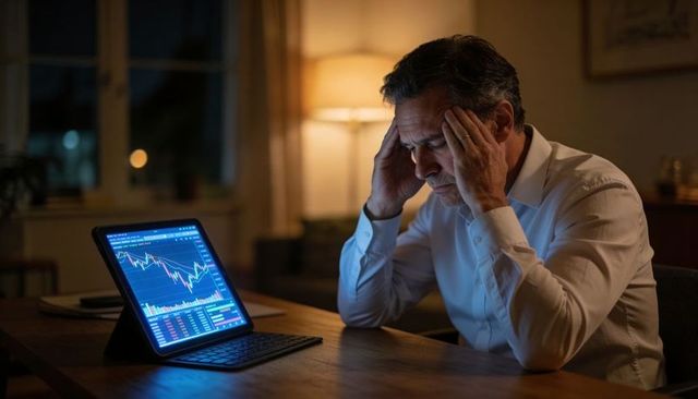 Stressed investor holding head studying falling stock charts on tablet moody late night