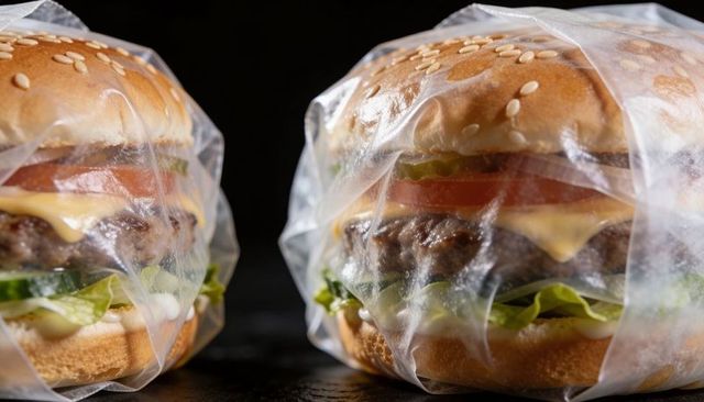 Wrapped cheeseburger gleaming under light featuring sesame bun, pickles, melted cheese