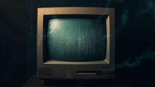 Retro CRT Monitor with Digital Code in Vintage Cyberpunk Setting
