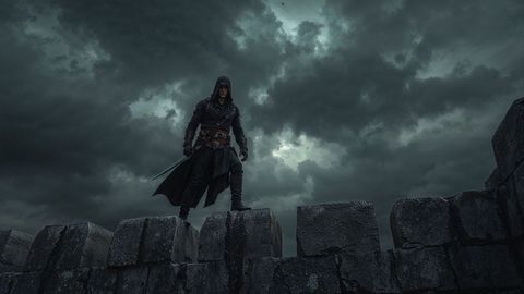 Hooded assassin  warrior watching darkening storm from fortress