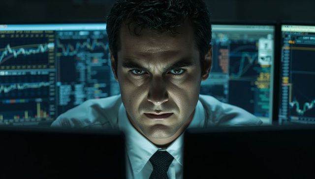 Intense trader analyzing multiple market charts on dim trading desk monitors at night