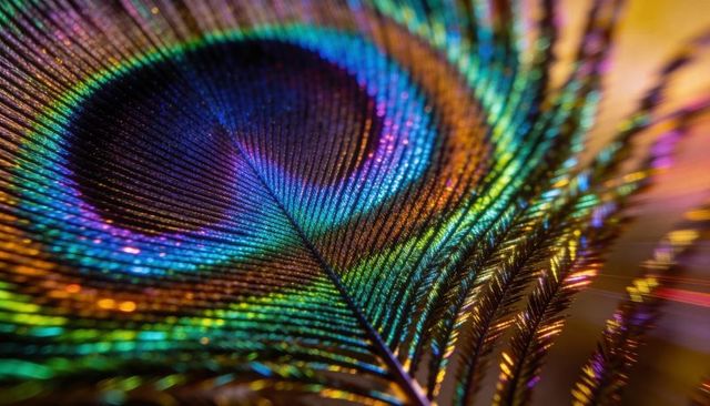 Iridescent peacock feather eye-spot shimmering in macro closeup with rainbow bokeh