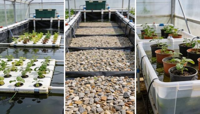 Commercial aquaponic system growing seedlings in greenhouse with raft and gravel beds