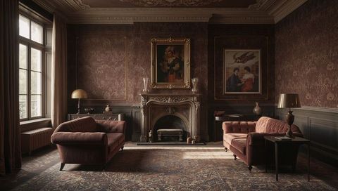 Victorian parlor featuring ornate carved fireplace, velvet sofas and gilded portraits