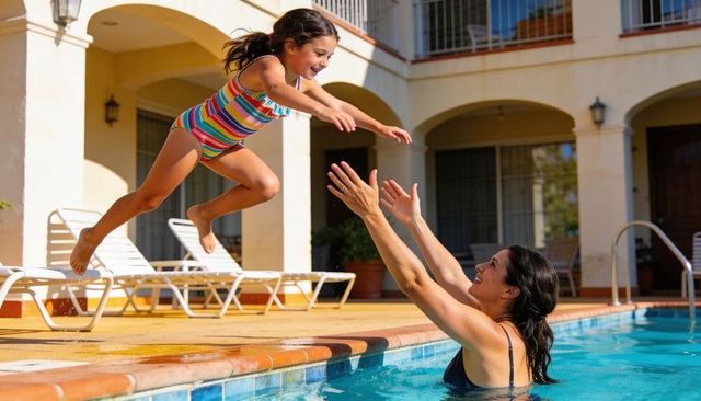 Girl leaping into mother’s arms at sunny poolside courtyard during joyful family swim