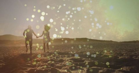 Silhouette Couple Holding Hands on Sunny Beach During Sunset