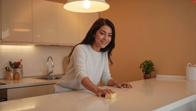 Woman cleaning glossy modern kitchen countertop with yellow sponge, warm cozy lighting