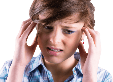 Stressed Brunette Woman Holding Head on Transparent Background