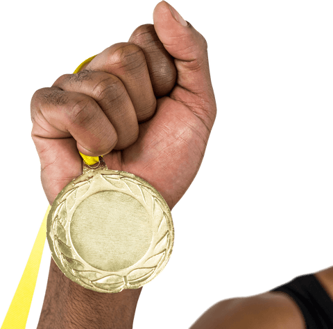 Athlete celebrating victory with transparent gold medal