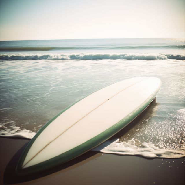 A lone surfboard rests on a sunny beach with gentle waves crashing. The sunlight reflects off the water, creating a peaceful and inviting atmosphere. Ideal for promoting beach vacations, surf schools, summer activities, and outdoor lifestyle blogs.