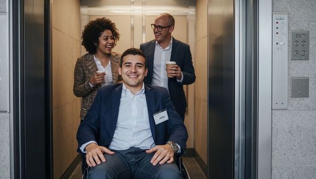 Business Professionals Chatting in Elevator with Coworker Using Wheelchair