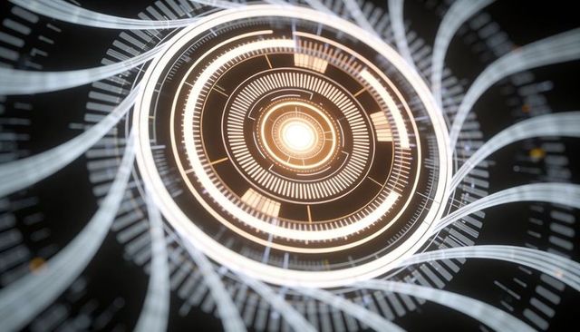 Dynamic rotating hud with pulsing concentric rings, radial ticks, ribbons and amber glow