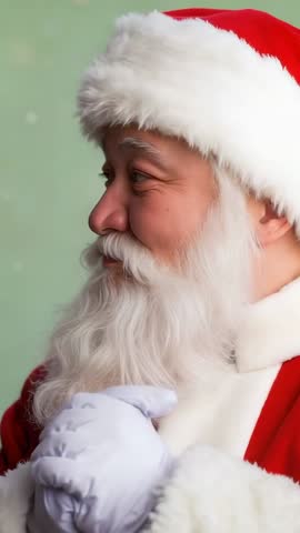 Vertical video Santa smiling while turning to profile and holding gloves in red coat