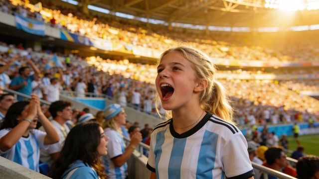 Teen girl cheering in argentina soccer jersey at sunlit stadium crowd and fans