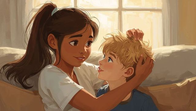Sister comforting younger brother on sunlit sofa ruffling hair with tender smile