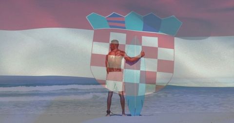 Surfer standing with surfboard on pastel beach with checkered flag overlay