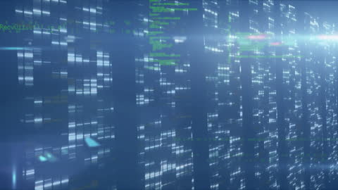 Digital Data Stream with Blue Lights and Code Visualization