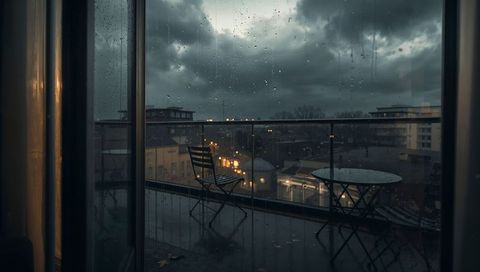Bistro chairs sitting on rainy balcony at dusk with raindrops and moody city lights