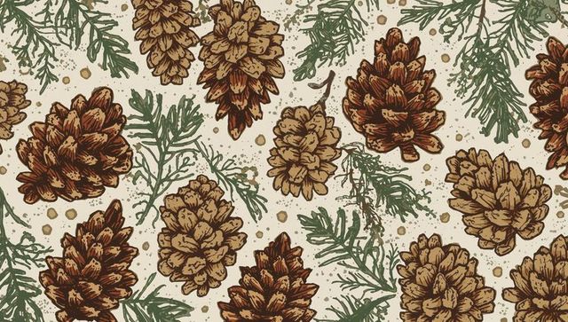 Hand-drawn pine cones and conifer sprigs seamless pattern on textured beige paper