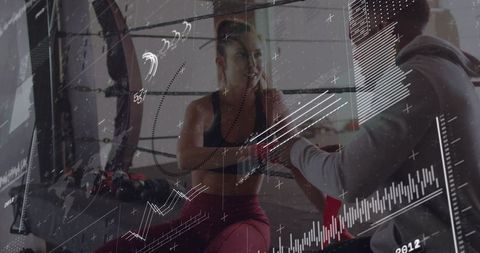 Female Athlete Receiving Hand Wraps from Coach in Boxing Ring with Digital HUD Overlay