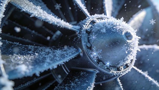 Aviation turbine hub and frozen blades gathering frost with rivets and ice crystals