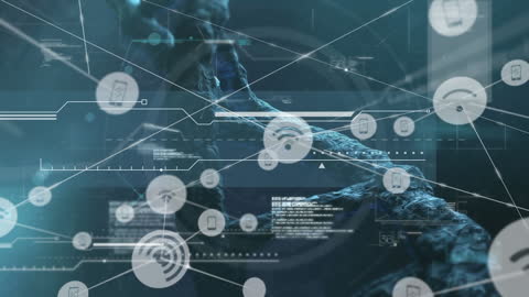 Futuristic DNA Helix with Digital Network Connections