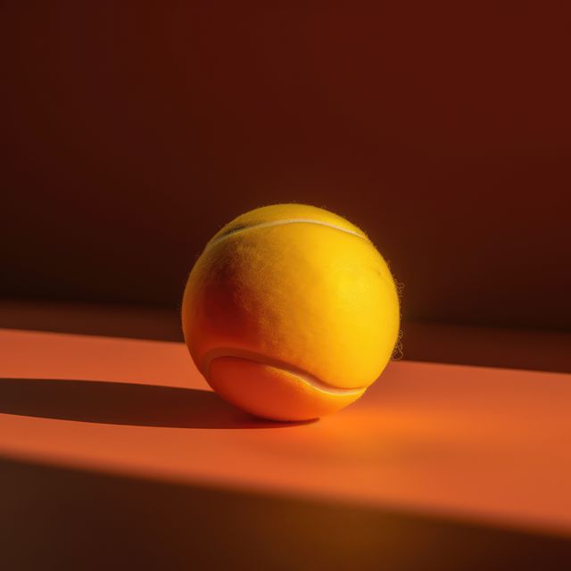 Shows a close-up of a yellow tennis ball illuminated by dramatic lighting, creating a strong shadow on the surface. Perfect for use in sports advertisements, marketing materials for fitness centers, or websites related to tennis and other sports. Suitable for illustrating concepts of competition, recreation, and sporting goods.