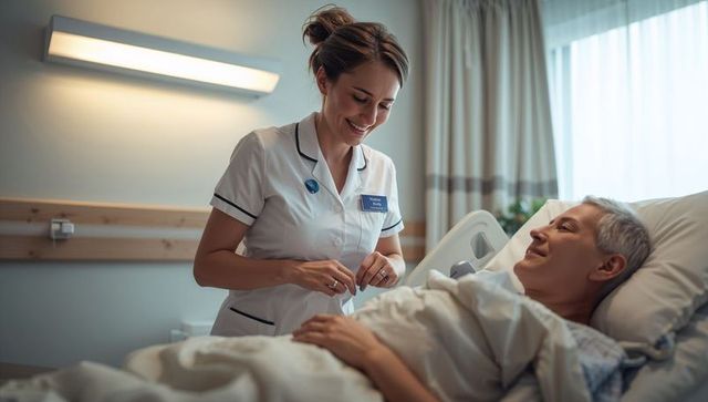 Smiling nurse caring for senior patient in hospital bed with visible bed controls