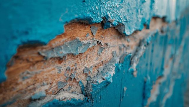 Close-up peeling blue paint revealing weathered wood texture on exterior siding
