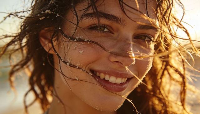 Golden hour beach portrait smiling woman with wet wavy hair, freckles and sand