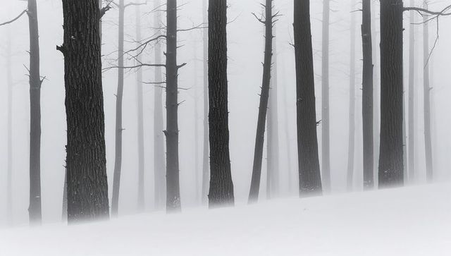 Rising bare trunks threading dense fog across snow-covered winter slope
